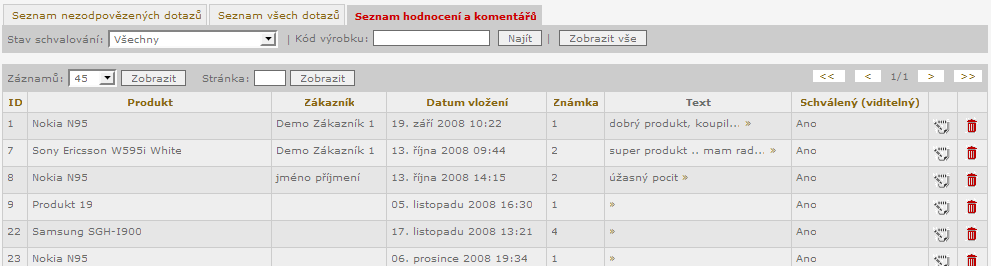 Ve výpisu hodnocení a komentářů hodnocení můžete jednotlivé hodnocení mazat, povolovat k zobrazování u produktu v eshopu nebo