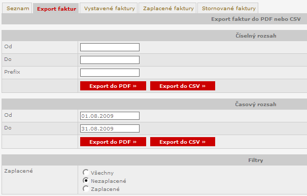 V případě exportu dle číselného rozsahu zadejte číslo faktury, od které chcete začít export a číslo faktury u které chcete, aby export skončil.