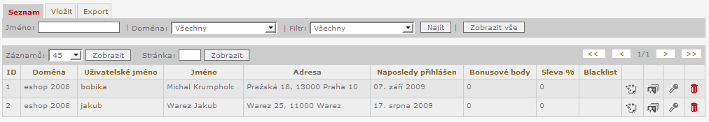 Obrázek 69 - výpis zákazníků Přihlášení do eshopu z administrace jako zákazník provedete kliknutím na ikonu ve výpisu zákazníků.