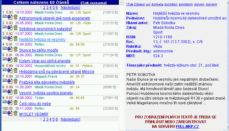 Vyhledávání pomocí topiků navolena tematická oblast (přírodní a matematické obory), skupina