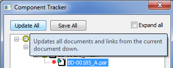 Sledování komponent Tlačítko Sledování komponent "Aktualizovat vše" projde celou strukturou sestavy. Tato akce načte všechny dokumenty a aktualizuje ty, které jsou potřeba.