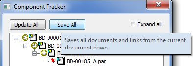 Sledování komponent Tlačítko "Uložit vše" uloží všechny dokumenty a propojení od aktuálního dokumentu dolů.