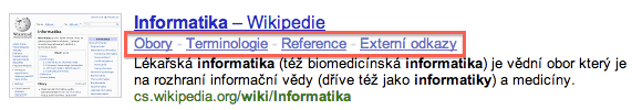 7. SPRÁVA WEBU A SEO Obrázek 7.8: Ukázka zobrazení osnov v SERPu Seznamu u Wikipedie Délka jednoho odkazu/osnovy by měla být maximálně kolem 25 znaků.