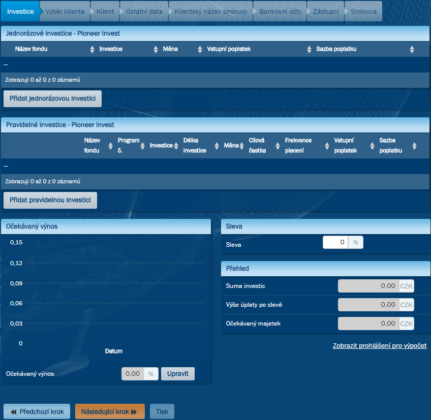 13.2. PIONEER INVEST - vyplnění smlouvy Po výběru Typu smlouvy, v tomto případě Pioneer Invest, se otevře okno s několika záložkami.