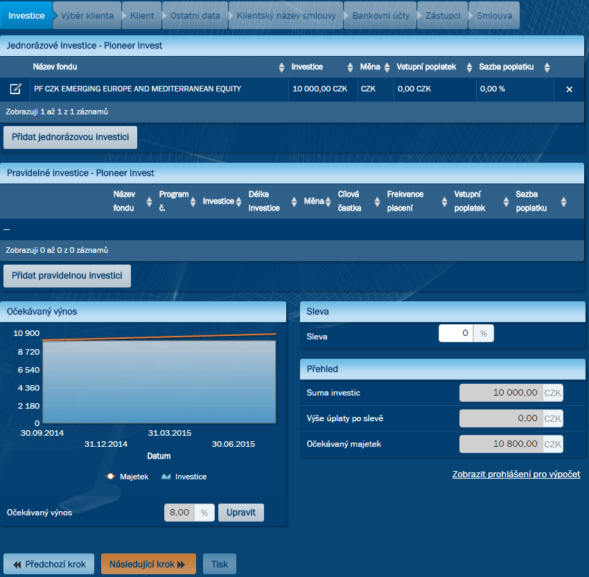 13.3. PIONEER INVEST jednorázové investice Pro jednorázovou investici stiskněte v sekci Jednorázové investice Pioneer Invest tlačítko Přidat jednorázovou investici Prodej call opce Realizační cena,
