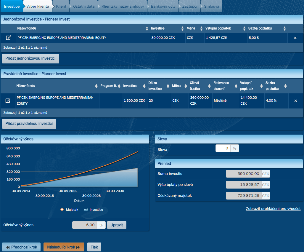 13.4. PIONEER INVEST pravidelná investice Pro pravidelnou investici stiskněte v sekci Pravidelné investice Pioneer Invest tlačítko Přidat pravidelnou investici otevře se dialog, ve které je třeba