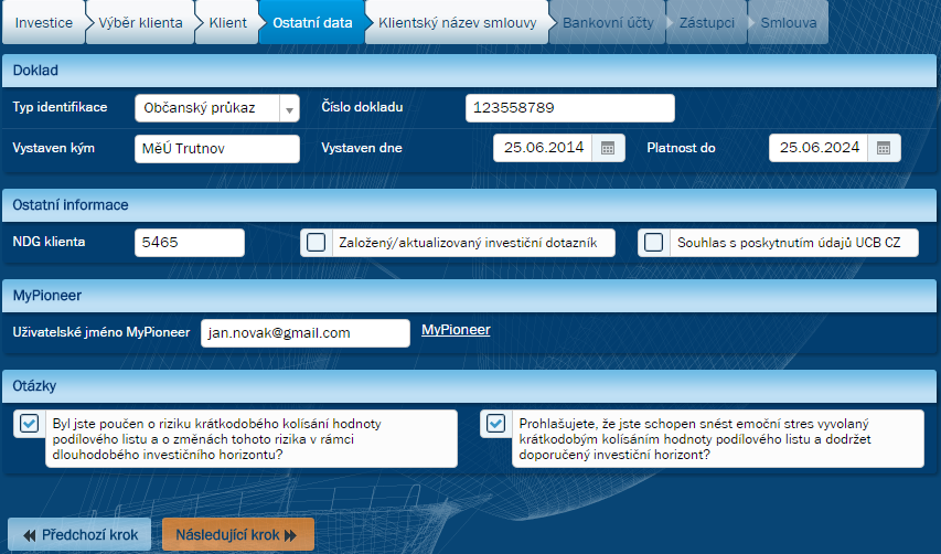 13.7. Vyplnění dat nového klienta do smlouvy 1. V sekci Typ subjektu vyberte jeden z přepínačů Osoba nebo Společnost (podle přepínače se mění zobrazení dalších sekcí i položek). 2.