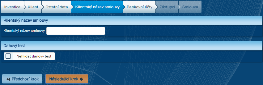 13.8. Klientský název smlouvy Na záložce KLIENTSKÝ NÁZEV SMLOUVY můžete zadat název zakládané smlouvy pro daného klienta ( např. pro Aničku). Název Smlouvy se zobrazí i na Výpise z registru podílníka.