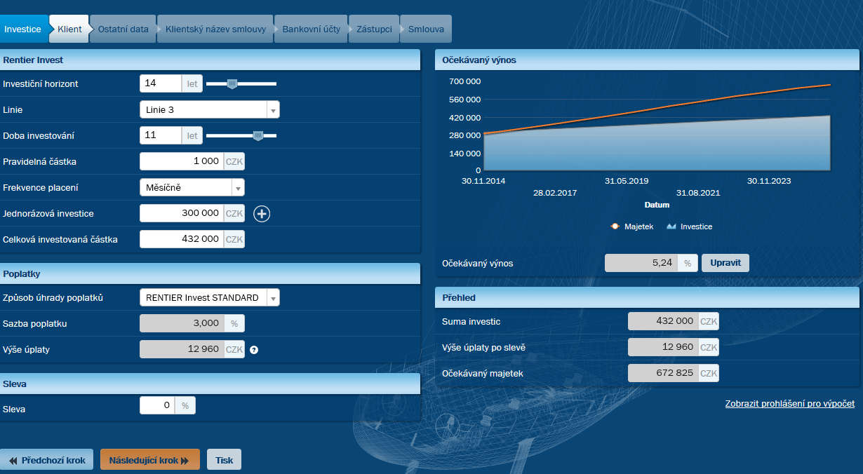 22. Investiční kalkulačka v nových smlouvách Na záložce INVESTICE se zobrazuje kalkulačka pro vybraný typ smlouvy. V kalkulačkách se zobrazují přednastavené hodnoty, které lze měnit.