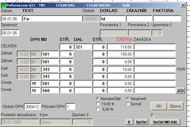 3. Vykázání dodatečného daňového přiznání (DDAP) Možnosti vpravo OBDOBÍ DPH zrušit zatržítko doklad pořídíte do aktuálního (účetního) období a dole doplníte do nového okna OBDOBÍ DPH období pro