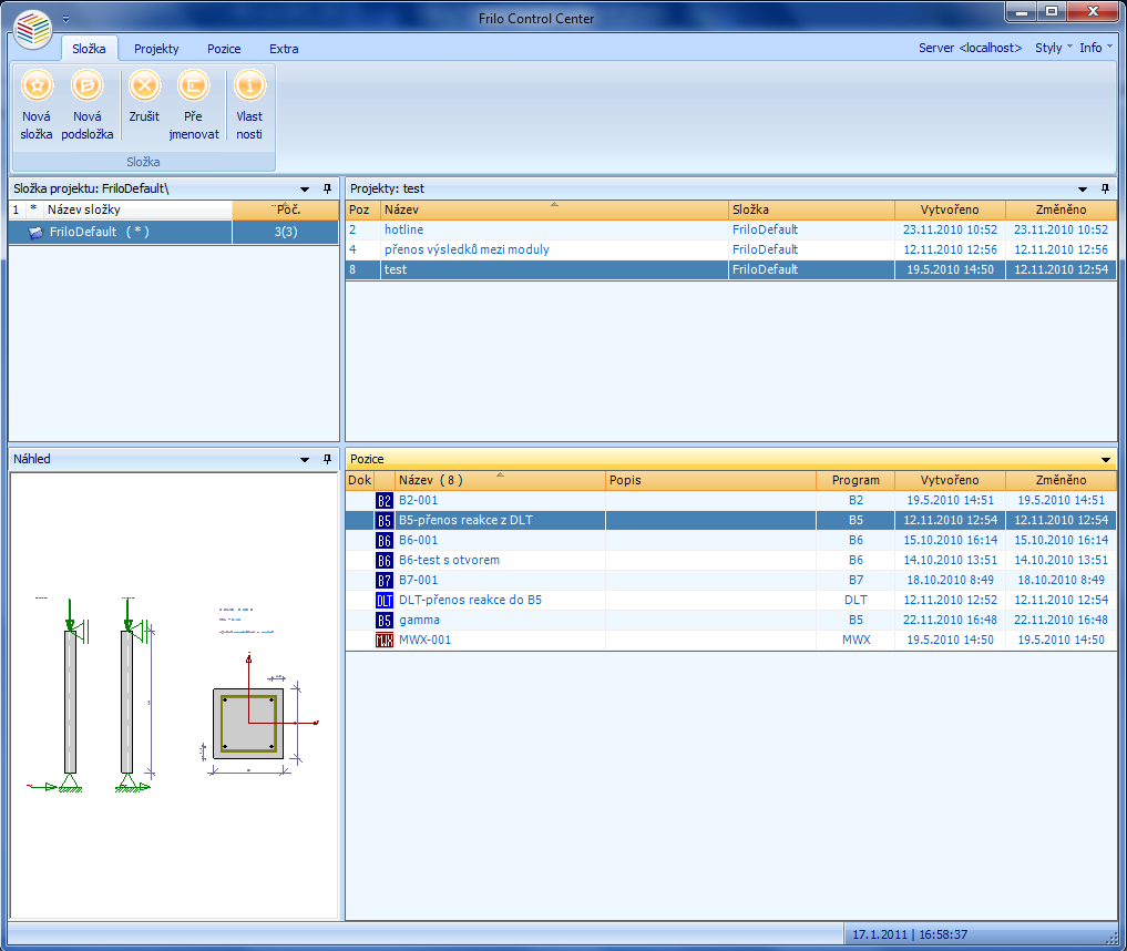 Frilo Control Center správa projektů Programy Frilo používají odlišný způsob třídění a práce s vytvořenými projekty.