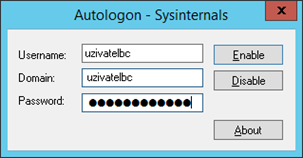 5. Odpojte se od vzdálené plochy (neodhlašujte uživatele ze serveru) 6. Nastavte automatický logon uživatele pro ČSOB Business Connector pomocí utility Autologon for Windows. a. Přihlaste se jako administrátor serveru b.