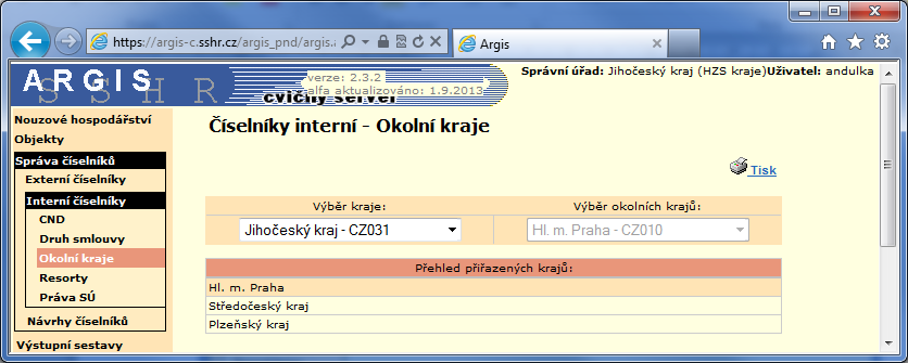 10.1.3 Číselník okolních krajů V modulu Správa číselníků Interní číselníky se můžete podívat do číselníku Okolní kraje a zjistit nastavení, podle kterého se v modulu Nouzové hospodářství v části