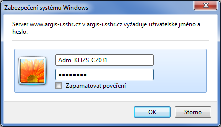 5. PŘIHLÁŠENÍ SPRÁVCE ÚČTŮ HZS KRAJE Spuštění prohlížeče MSIE. Vepsání cesty k aplikačnímu serveru do adresního řádku MSIE. Vyplnění přihlašovacích údajů uživatelské jméno a heslo.