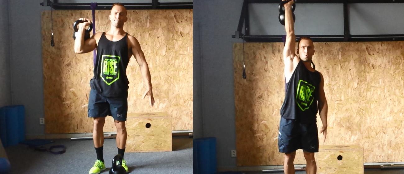 9. Tlak jednou rukou nad hlavu s jednoručkou či kettlebellem (VIDEO zde): -Kettlebell je šetrnější k ramenům a nabízí zajímavější silovou křivku, proto, pokud je máte k dispozici, je preferujte -za
