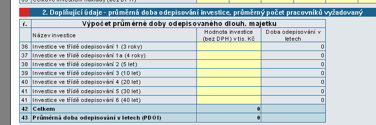 Doplňující údaje Následující část tabulky (oddíl 2) obsahuje údaje, které jsou využity pro výpočet průměrné doby odepisování investic.