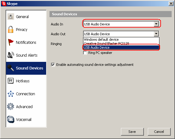 Audio In a Audio Out nastavte na USB Audio Device. Problém 3 Problém 2 Když telefonuji nebo přijmu telefon, hlas vychází ze zvukové karty počítače, a ne z USB VoIP telefonu.