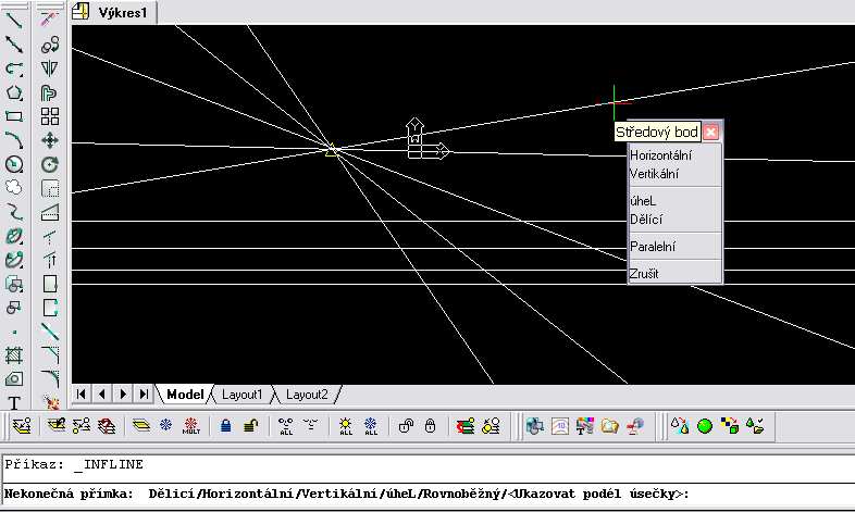 příkazu. (např. Na obrázku výše zadání velkosti úhl písmena úh+enter, atd.) INFLINE vertikální atd.