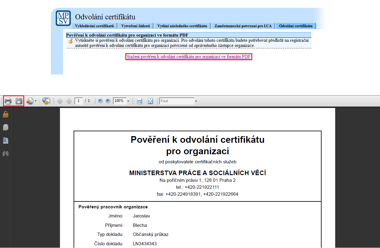 Obrázek 44 7.2 Vytvoření potvrzení pro odvolání certifikátu z úložiště Windows V menu webové aplikace PCS vyberte Odvolání certifikátu.