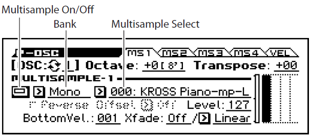 Podrobná editace Programů Základní nastavení oscilátoru Základní nastavení oscilátoru Zde zadáte typ programu, zvolíte základní vzorek (multisample nebo bicí sadu) a určíte, zda bude znít polyfonně