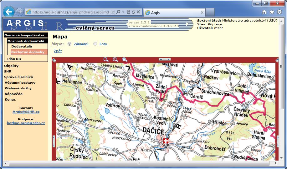 Zobrazí stránku Mapa adresa se značkou zobrazené nezbytné dodávky na mapových podkladech z Českého úřadu