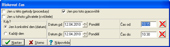 Objednávky konfigurace Pracovní doba dny v týdnu, liché/sudé týdny, pracoviště, pohlaví pro uživatele (lékaře) pro metodu (vyšetření) amb/hosp