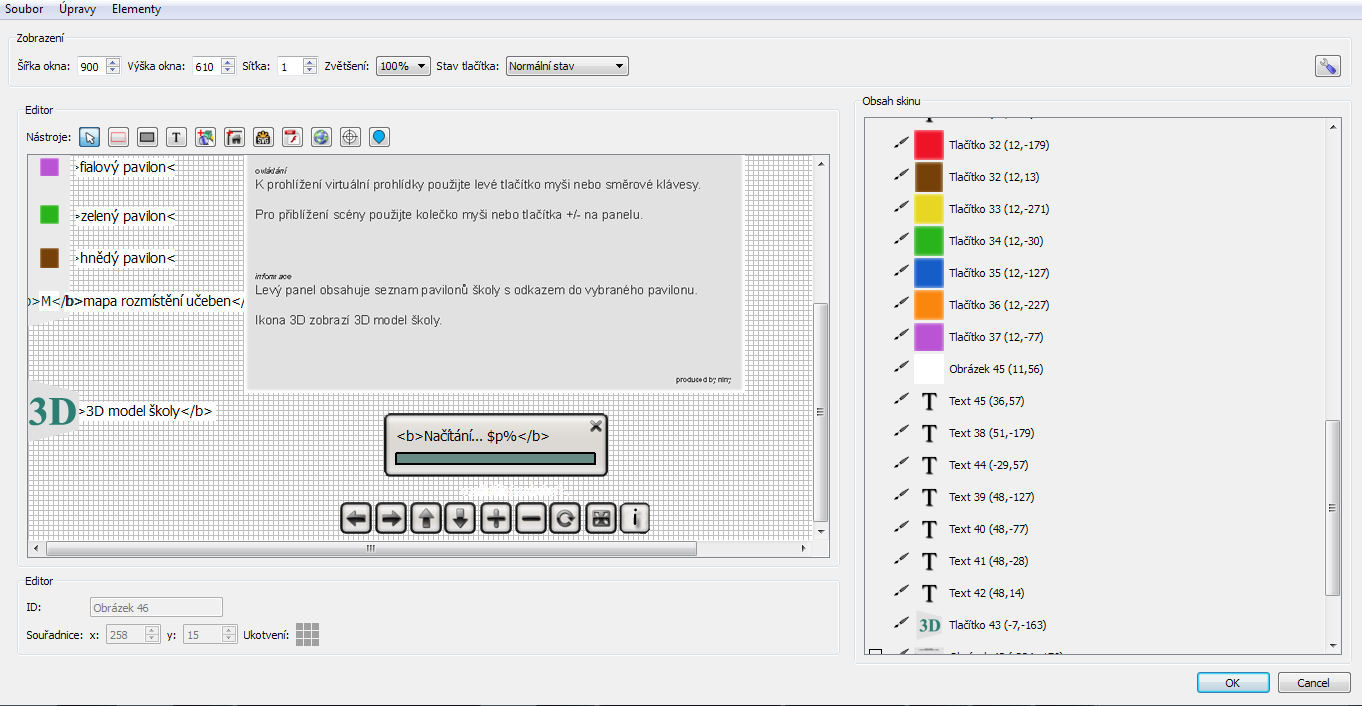 V prostředí editoru tohoto softwaru lze přidávat námi navrhnutá tlačítka, informační panely, loga aj. Těmto prvkům se následně přiřazují akce.