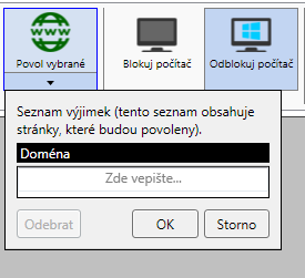 a Administrátor je může do seznamu, v nastavení Správce učebny, libovolně přidávat i odebírat. Přístup žáků k internetu je omezen, vyjma stránek, které jsou vždy povolené, např. školní intranet apod.