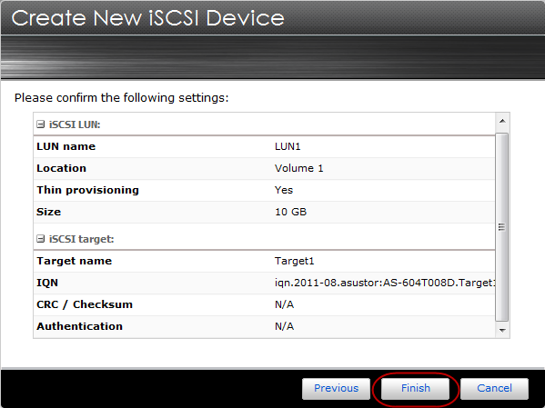 KROK 5 Zvolte [Create a new iscsi LUN], určete název vašeho LUN a určete jeho velikost. Po skončení klikněte na [Next].