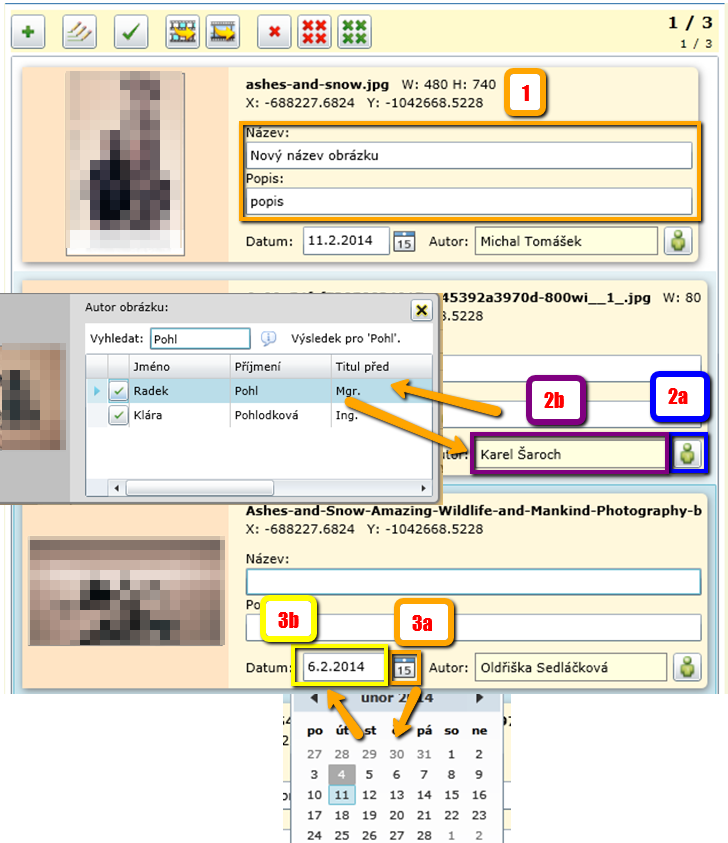4. Při přidání je automaticky převeden název souboru 1.3.2.2 Vyplnění informací o snímku Pro každý snímek je možné vyplnit název, popis snímku, datum pořízení a autora. 1. Editace názvu a popisu snímku 2.