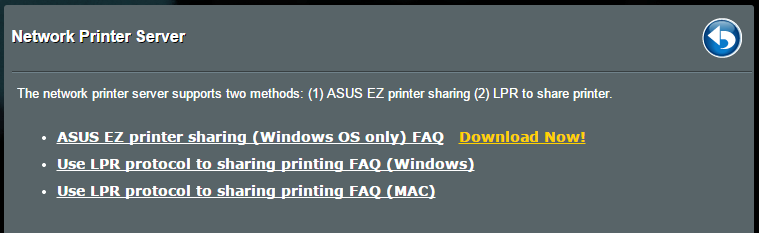 Pokyny pro nastavení režimu sdílení tiskárny EZ: 1. Na navigačním panelu přejděte na General (Obecné) > USB application (USB aplikace) > Network Printer Server (Síťový tiskový server). 2.