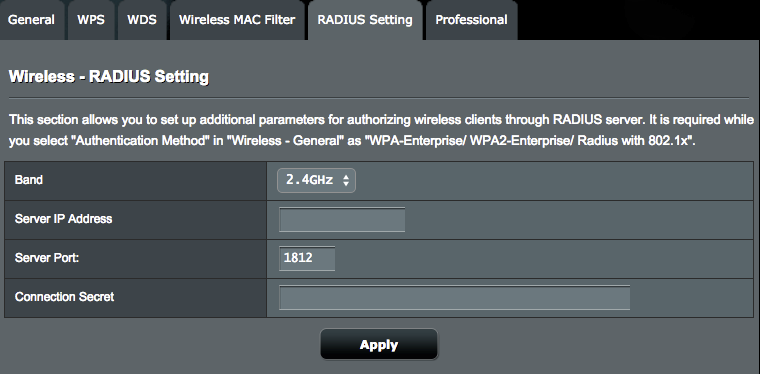 4.1.5 Nastavení RADIUS Nastavení RADIUS (Remote Authentication Dial In User Service) poskytuje dodatečnou vrstvu zabezpečení při výběru režimu ověřování WPA-podnikový, WPA2-podnikový nebo Radius s