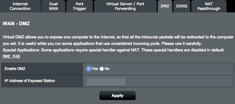 4.3.6 DMZ Virtuální DMZ vystavuje jednoho klienta na Internetu a umožňuje, aby tento klient přijímal veškeré příchozí pakety směrované do vaší místní sítě LAN.