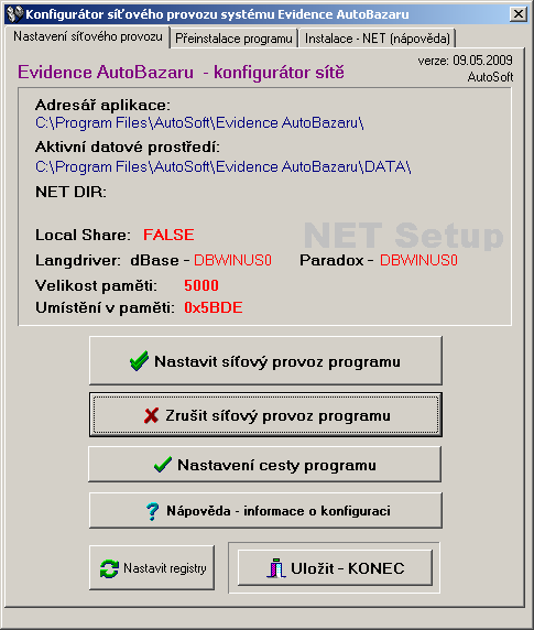 Pozor! Program Evidence Autobazaru při tomto nastavení musí být vypnutý.