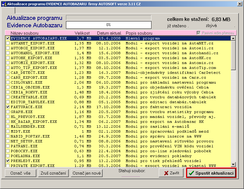 Rozkliknutím zástupce Aktualizace bazaru se spustí aktualizační modul, který automaticky zjistí které části programu máte v neaktuálním stavu a nabídne jejich aktualizaci.
