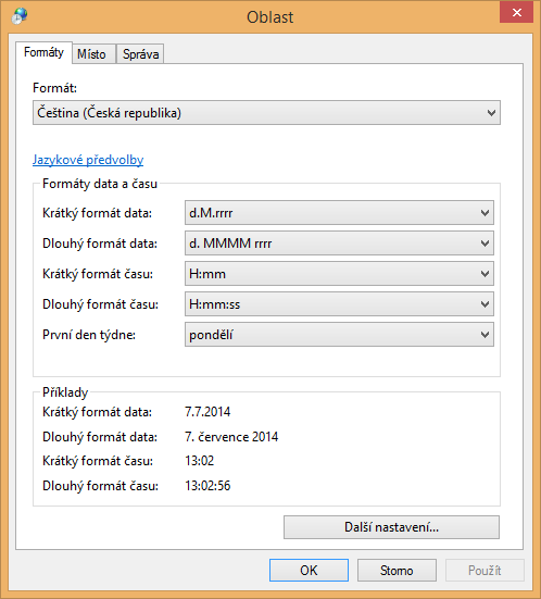 V NASTAVENÍ OBLAST zvolte pro nastavení formátu datumu volbu DALŠÍ NASTAVENÍ.