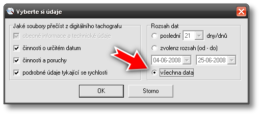 38 Obsluha vnitřních zařízení - tutorial Obr.27. Vzorová konfigurace pro první stahování dat z digitálního tachografu.