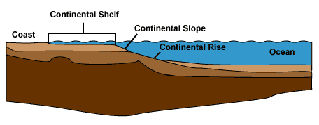 Kontinentální šelf Šelf-oblast mělkého moře v blízkosti pevniny (dříve do 200m hloubky) Podle mezinárodního práva má na zdroje v