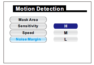 - Hlasová detekce H Vysoká citlivost M Střední citlivost L Nízká citlivost 5.2.1 REC. mode nastavení nahrávání Toto menu slouží k nastavení a aktivace módu detekce pohybu.