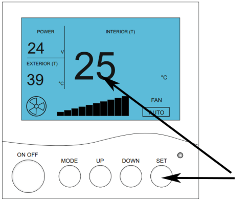 3) Nastavení požadované teploty v místnosti: Podržte cca 3 vteřiny tlačítko SET. Na displeji v oblasti hodnoty INTERIOR (T) začne blikat hodnota nastavené teploty.