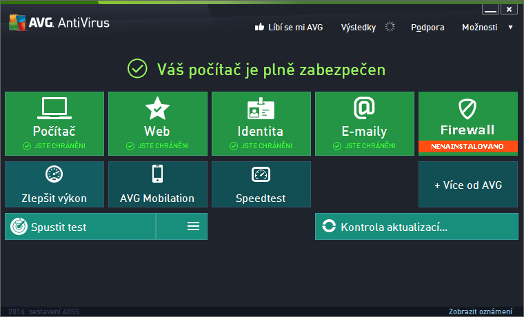 5. Uživatelské rozhraní AVG AVG AntiVirus 2014 se otevře v tomto rozhraní: Hlavní okno je rozděleno do několika sekcí: Horní navigace sestává ze čtyř aktivních odkazů uvedených v linii v horní části