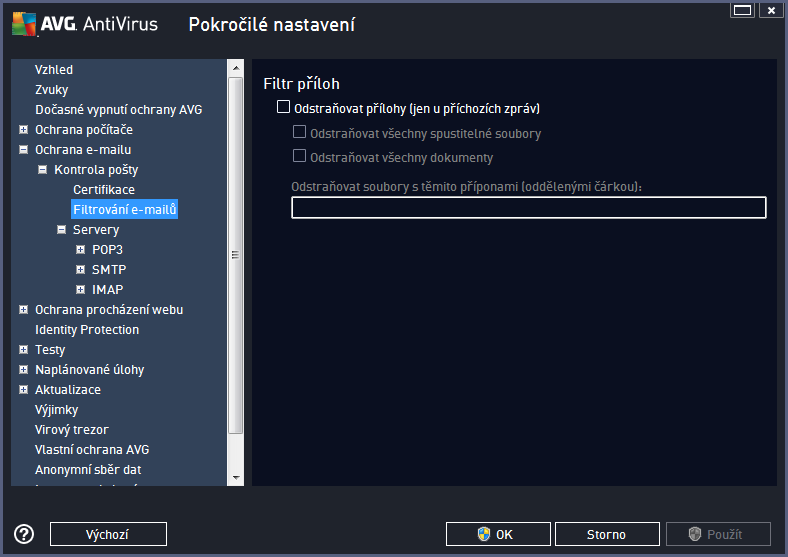 Dialog Filtr příloh umožňuje nastavení parametrů pro testování příloh e-mailových zpráv. Ve výchozím nastavení je možnost Odstraňovat přílohy vypnuta.