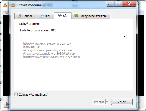 Obr. 4: Otevření síťového proudu Krok 3: Přehrání proudu V dialogovém okně není problém vložit URL adresu síťového proudu.