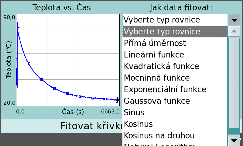 Asymptotický průběh teploty Je hezky vidět, jak se teplota vody v hrnku asymptoticky přimyká k teplotě v místnosti.