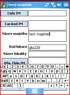 b) Zařazení majetku do inventury RUČNĚ dohledejte požadovaný majetek v seznamu terminálu a ťukněte na řádek této karty (nalezení provedete přes výběr lokality a poté viz.