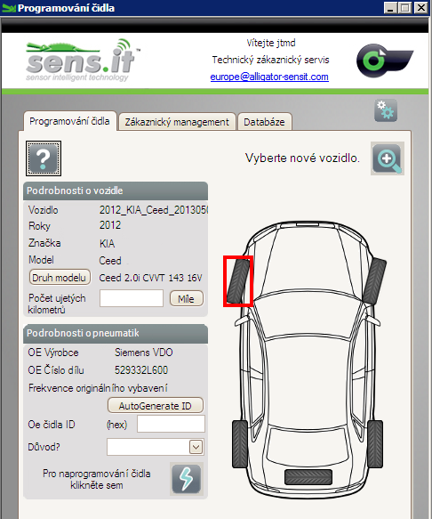 Programování senzorů (snímačů): 1. Po přihlášení zvolte rok výroby, značku a model automobilu, u kterého chcete provést výměnu senzorů. 2. 3. 4. 5. 6. Uveďte počet najetých kilometrů.