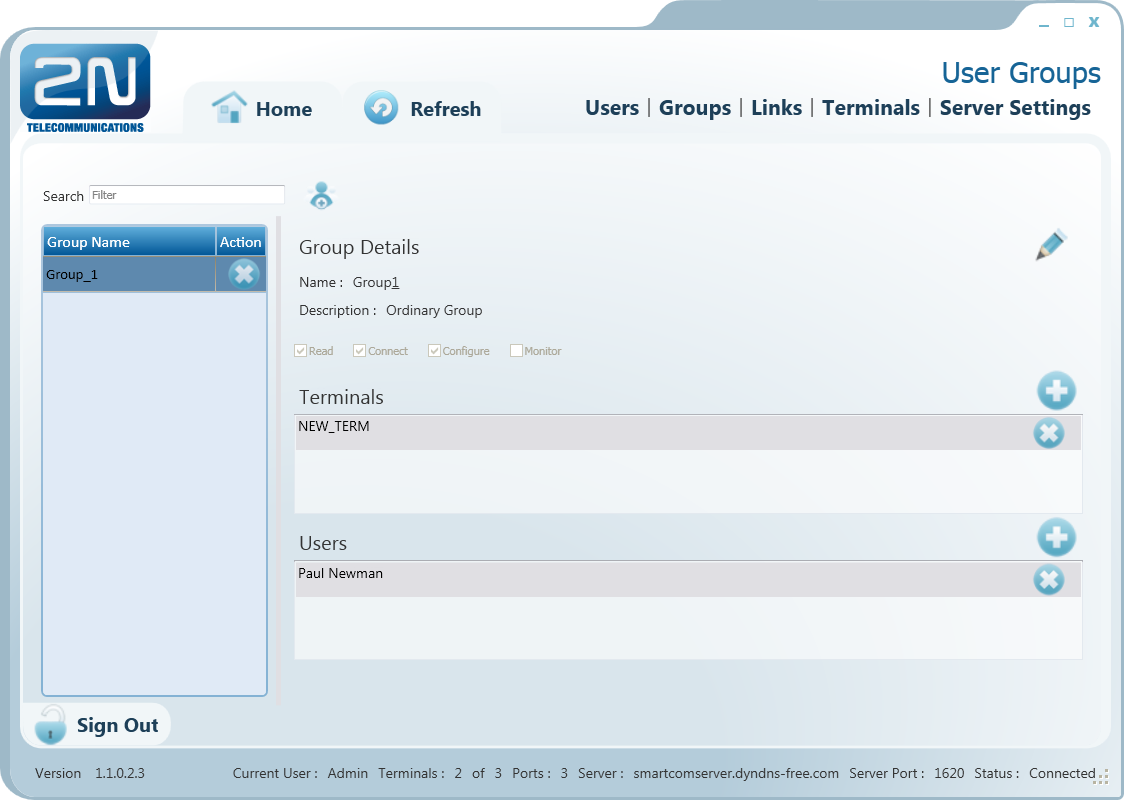 Použití 2N SmartCOM Control Panel 7.3 V sekci UserGroups jsou vidět uživatelské skupiny, do kterých tento uživatel patří. Přidání další skupiny provedeme po stisku tlačítka Add a výběrem ze seznamu.