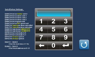 4 Nastavení instalačních parametrů monitoru Do instalačního menu vstoupíte následovně: 1. Stiskněte ikonu 2. Stiskněte tlačítko UNLOCK 3. Ukáže se číselná klávesnice v hlavním menu (dotykové tl.