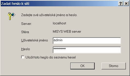 Funkce systému MISYS-WEB Obr. 15 Úvodní příhlašovací dialog První akcí, kterou uživatel provede by měla být změna hesla podle předchozího návodu.