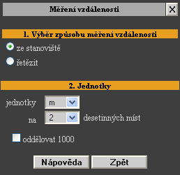 Funkce systému MISYS-WEB Výpočet vzdálenosti Funkční panel pro výpočet vzdálenosti se zobrazí po zvolení operace tlačítkem z panelu nástrojů a slouží pro zvolení druhu (způsobu výpočtu) vzdálenosti.